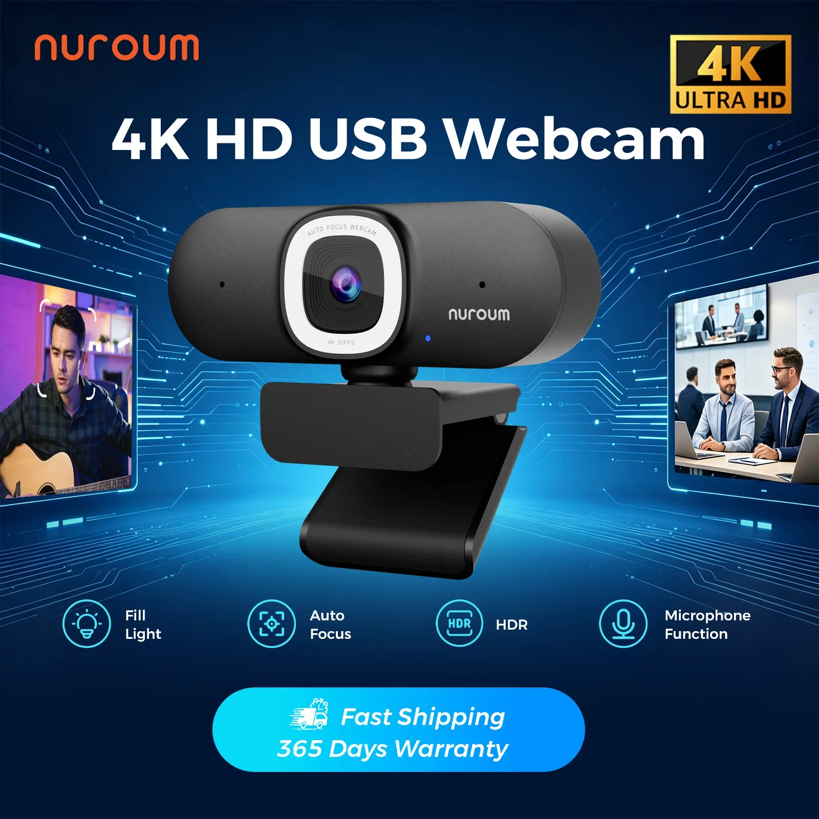 Webcam Ring Light - Webcam NUROUM V32AFL 4K con microfono,